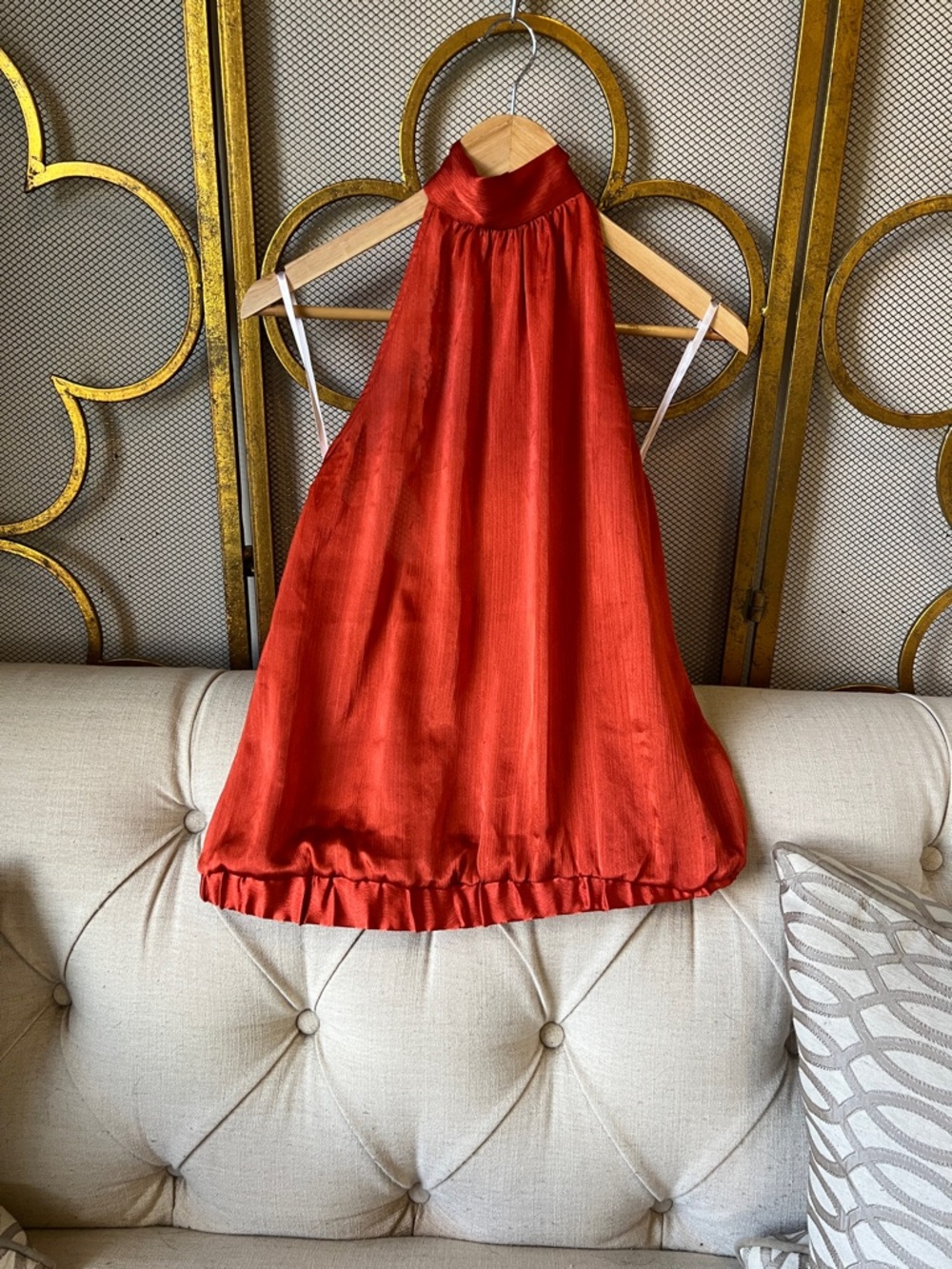 Girls' Red Satin Halter Dress with Ruffle Hem